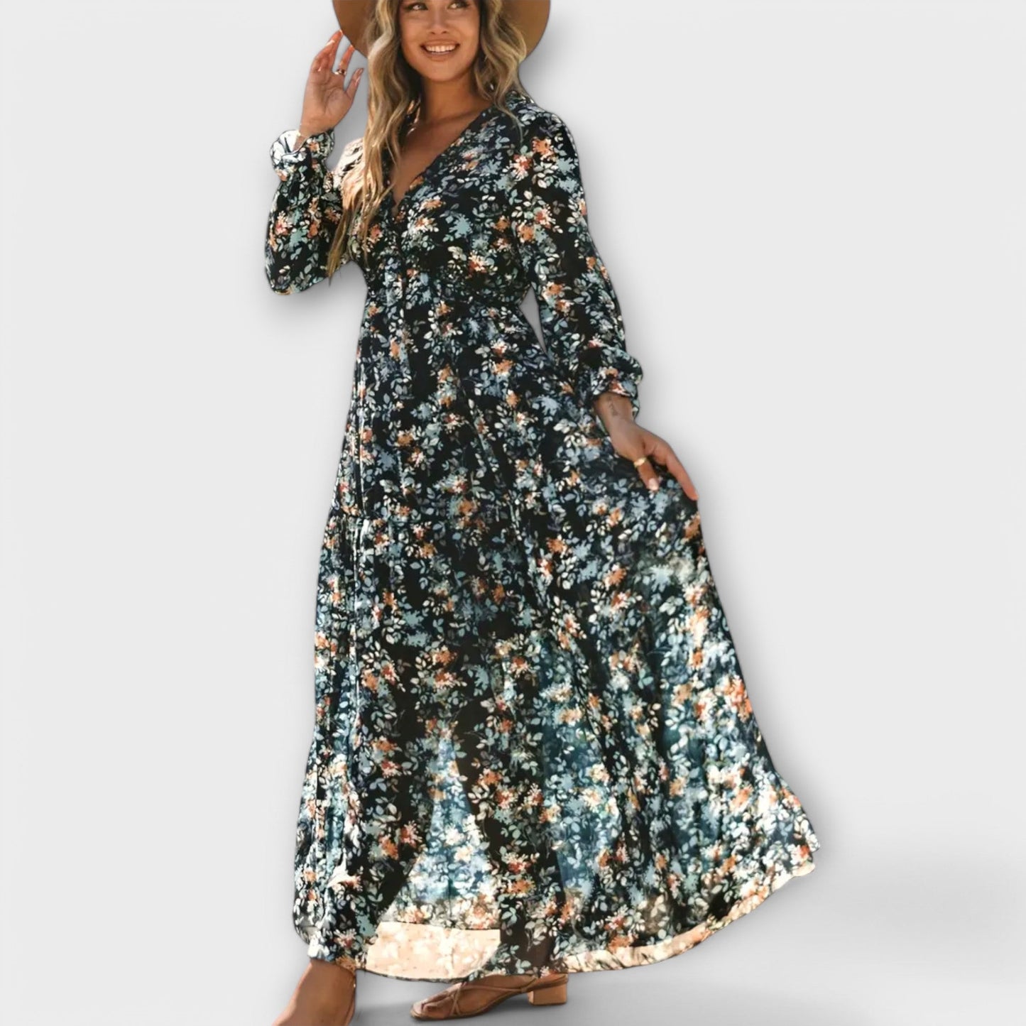 Solène™ | Vestido largo floral de manga larga