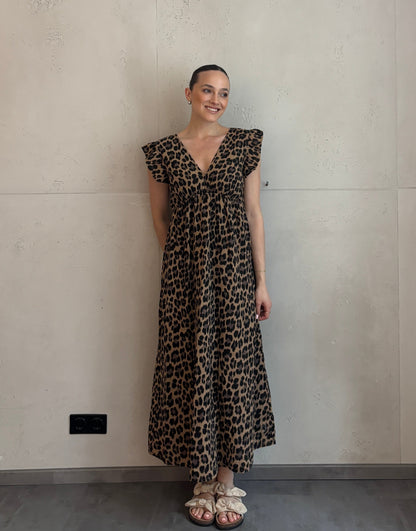 Mari Carmen | Vestido largo de leopardo con escote en la espalda